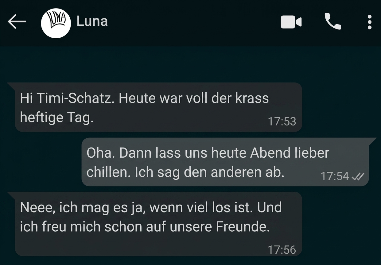 Chatverlauf zwischen zwei Personen auf einem Messenger-Screenshot.